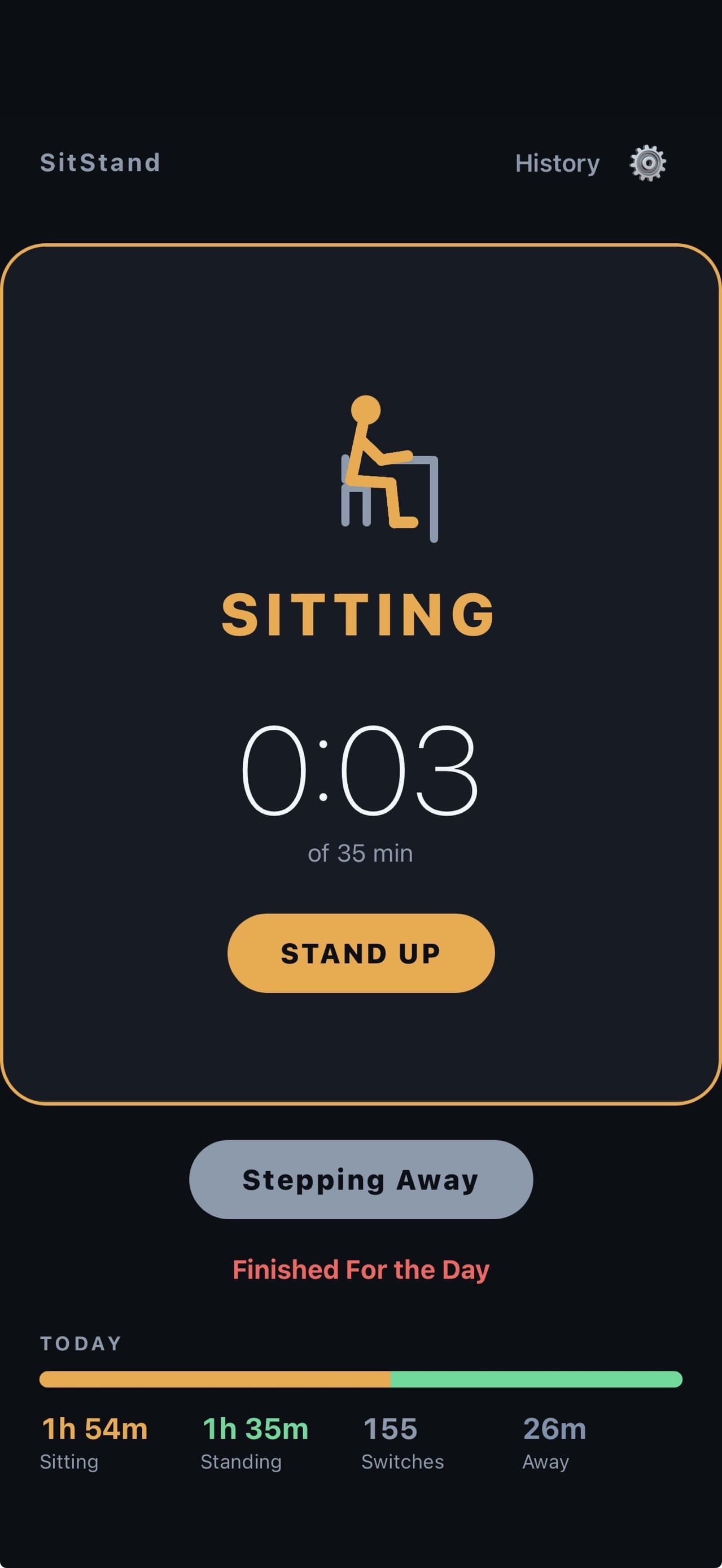 SitStand sitting timer with a Stand Up button and today’s totals