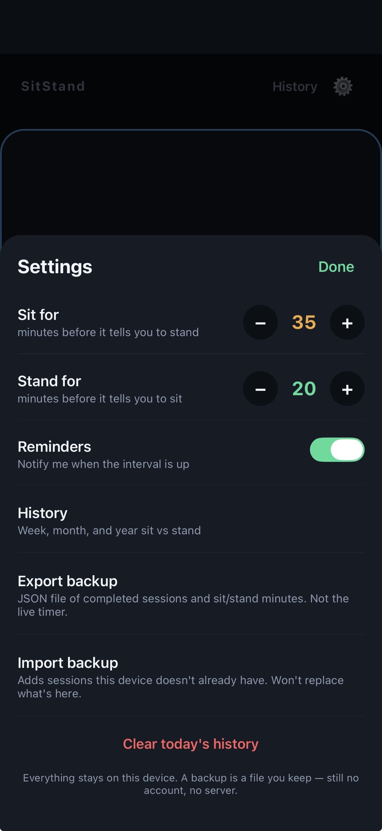 SitStand settings for sit and stand intervals, reminders, and on-device history
