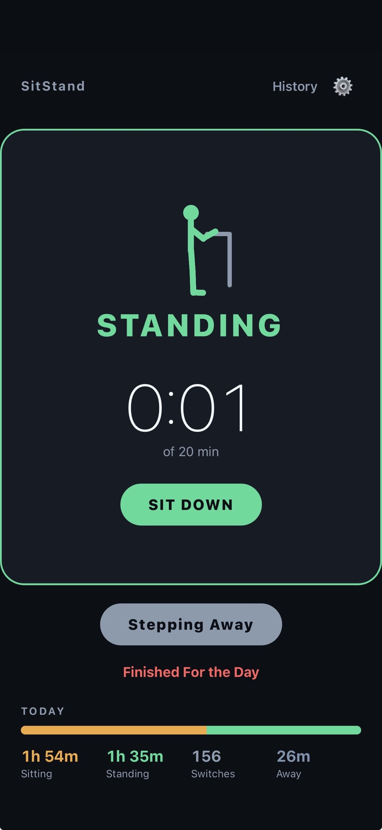 SitStand standing timer with a Sit Down button and today’s totals