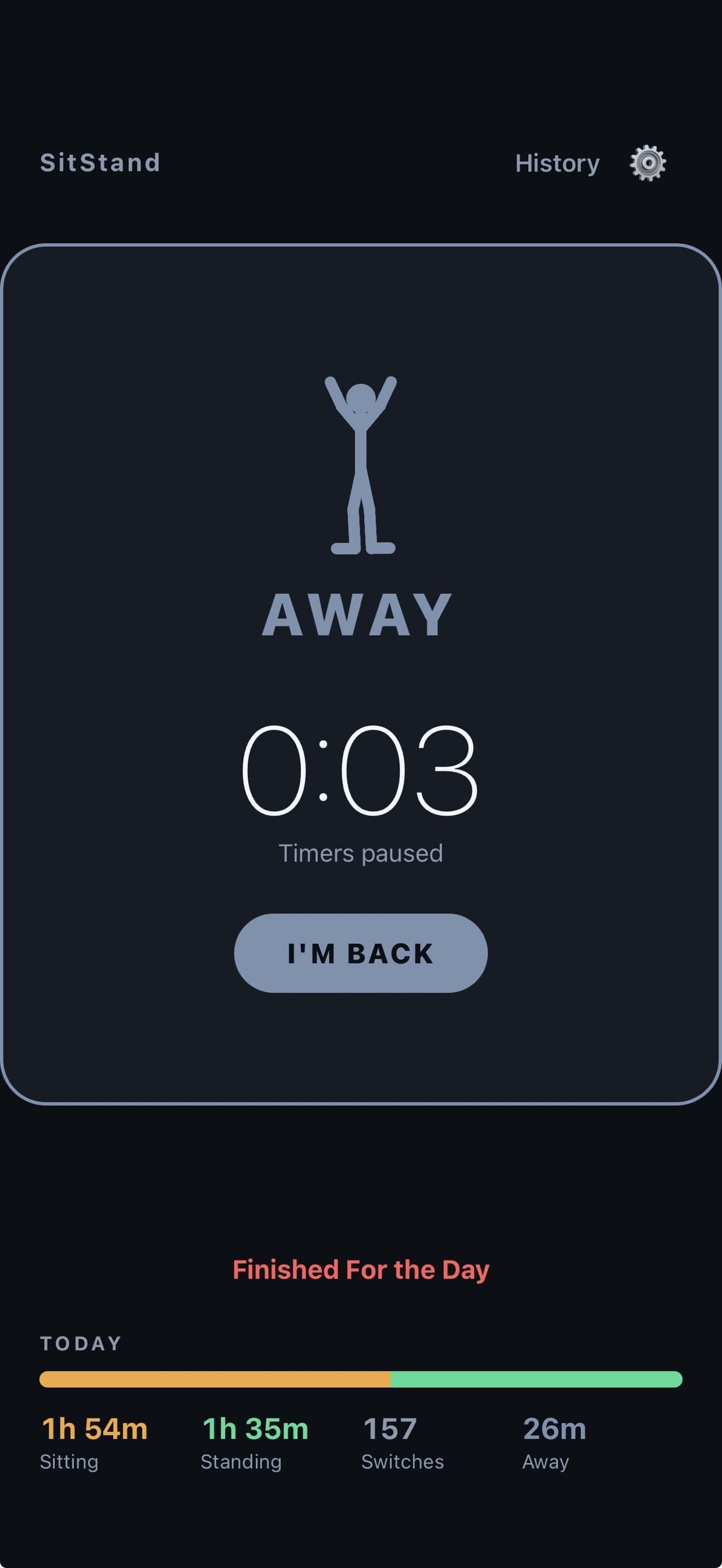 SitStand away state with timers paused and an I’m Back button